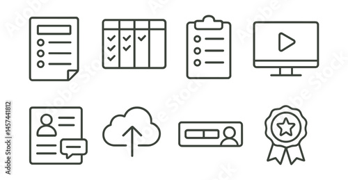 Line style icons of creative course structure: course outline sheet, weekly task board, lesson plan icon, video tutorial screen, instructor feedback page, assignment upload cloud, student progress