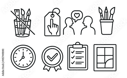 Line style icons of art classroom etiquette: clean brushes sign, ask before borrowing tag, respectful critique symbol, shared supplies icon, time management reminder, turn in on time badge, studio