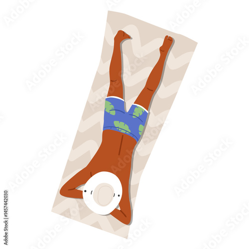 Man tourist sunbathing lying on blanket enjoying rest on sand beach isolated on white background