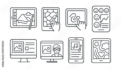 Line style icons of digital art therapy tools: tablet with drawing app, guided emotion coloring screen, touch-to-doodle pad, mood tracker with visuals, online sketch reflection form, art therapist