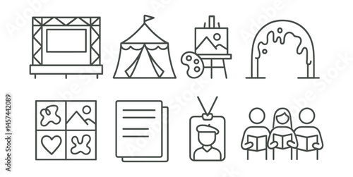 Line style icons of art festival basics: event stage icon, festival tent, street artist easel, paint splash arch, community art wall, program flyer, artist badge, crowd with sketchbooks.