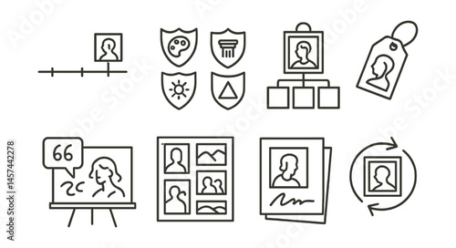 Line style icons of inspirational artists and movements: art history timeline icon, art movement badges row, visual influence tree, favorite artist tag, quote + sketch board, master study sheet,