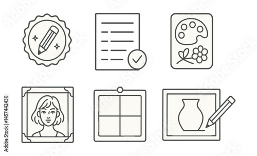 Line style icons of drawing challenges and prompts: daily art challenge badge, prompt list sheet, themed sketch card, random idea spinner, timed session timer, “draw this in your style” frame,