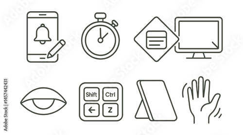 Line style icons of digital art habits and tools: daily sketch alert, time tracker app, layer naming badge, canvas size check, rest your eyes sign, shortcut guide card, tablet stand symbol, hand
