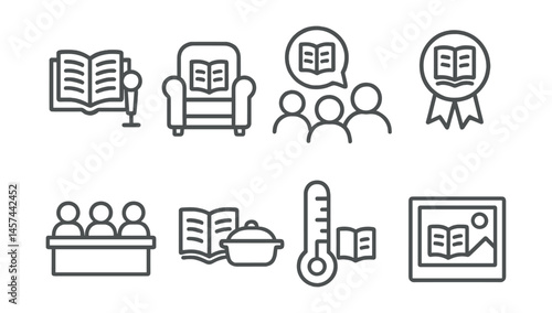 Line style icons of book club events: live reading session, author guest seat, themed discussion icon, monthly vote badge, wrap-up panel, book-themed potluck, reading challenge meter, photo recap