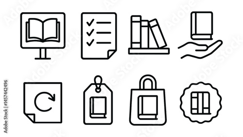 Line style icons of book exchange and lending: “take a book” sign, lending log sheet, personal library shelf, book handoff gesture, return reminder note, borrowed tag, book bag icon, club sticker