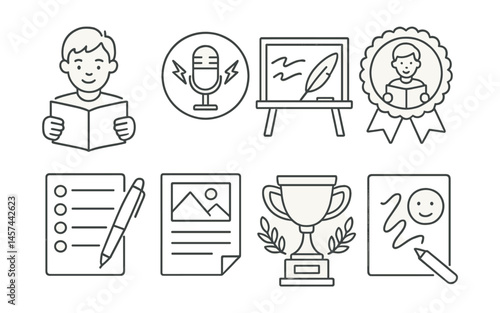 Line style icons of youth and school poetry: student with open book, slam club logo, poetry chalkboard, classroom performance badge, rhyme practice sheet, creative writing prompt, poetry contest