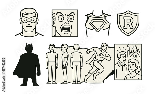 Line style icons of character-driven comics: hero with mask, expressive face panel, costume detail sketch, sidekick badge, antagonist shadow icon, character turnaround sheet, dynamic pose shot,