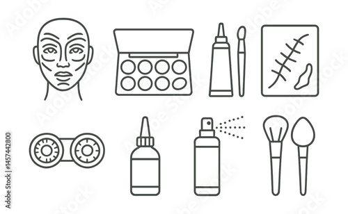 Line style icons of cosplay makeup and styling: face chart with contour lines, theatrical makeup palette, adhesive and brush icon, fake scar stencil, colored contact lenses case, wig glue bottle,