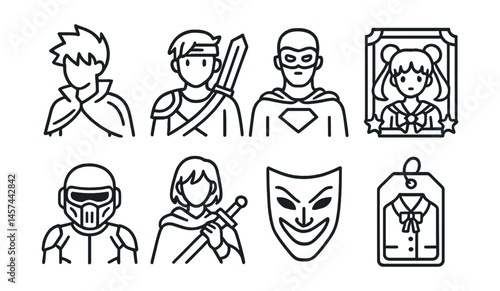 Line style icons of cosplay characters and styles: anime hero silhouette, game avatar with weapon, classic superhero icon, magical girl frame, sci-fi helmet character, medieval fantasy pose, villain