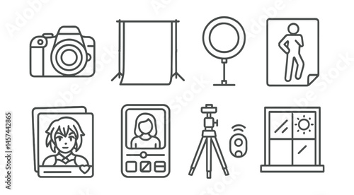 Line style icons of cosplay photography setup: DSLR with lens icon, backdrop stand, portable ring light, pose reference guide, cosplay photo card, editing app screen, tripod with remote, natural