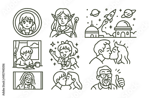 Line style icons of fan art genres: anime redraw badge, fantasy fan portrait, sci-fi world mashup, slice-of-life rework, magical transformation scene, horror AU frame, romantic ship kiss, humorous