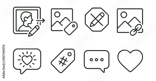 Line style icons of art-sharing etiquette: credit the artist icon, repost with permission tag, “do not trace” badge, art source link, fan work appreciation bubble, tag your fandom, respectful