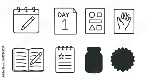 Line style icons of daily sketching habits: calendar with sketch icon, “day 1” page, warm-up shapes, practice hand page, sketch log notebook, daily doodle prompt, sketch jar icon, drawing streak