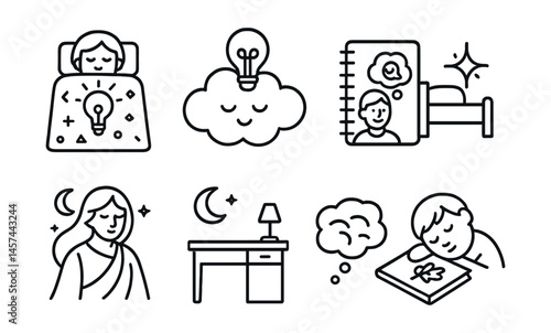 Line style icons of creativity in rest and dreams: person under idea blanket, sleeping cloud with lightbulb, dream sketch log, bed + spark symbol, night muse icon, moonlit desk, REM drawing trail,