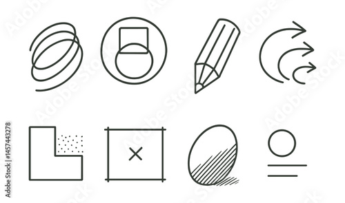 Line style icons of quick sketching techniques: loose line flow, shape breakdown badge, three-line form, speed curve arrows, negative space block, minimal mark frame, shadow mapping guide, “less is