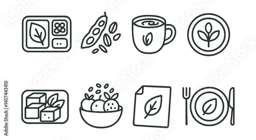 Line style icons of plant-based lifestyle: vegan meal box, legumes and grains icon, oat milk coffee mug, plant-protein badge, tofu with herbs tray, fruit + seeds bowl, “meatless Monday” note, climate