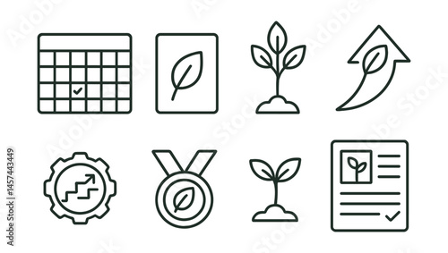 Line style icons of eco-goal setting: monthly habit tracker, “1 new habit” card, sustainable goal tree, climate action arrow, step-by-step badge, green milestone medal, “I did it” sprout, reflection
