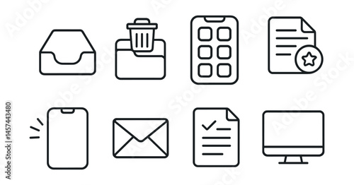 Line style icons of digital decluttering: empty inbox icon, deleted app folder, simplified home screen, file cleanup badge, notification-free phone, unsubscribe mail symbol, one-tab rule sheet, clear