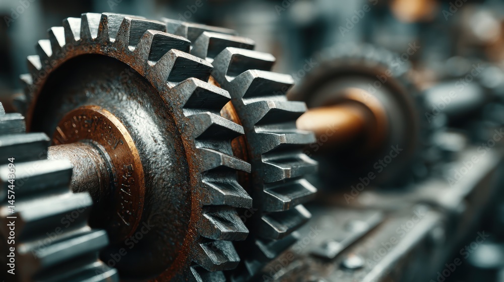 Mechanism of a large engine with steel cogs and rotating parts, emphasizing the strength and efficiency of industrial machinery Mechanism of a large engine with steel cogs and rotating parts, emphasizing the strength and efficiency of industrial machinery