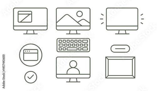 Line style icons of mindful tech setup: no pop-ups screen, calm wallpaper panel, simplified keyboard layout, neutral light monitor, one app per task badge, full attention screen icon, breathing space