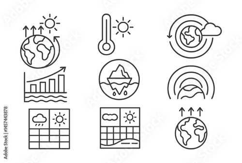 Line style icons of basic climate knowledge: greenhouse effect diagram, global warming thermometer, carbon cycle icon, rising sea level graph, melting iceberg badge, atmosphere layers sketch, weather
