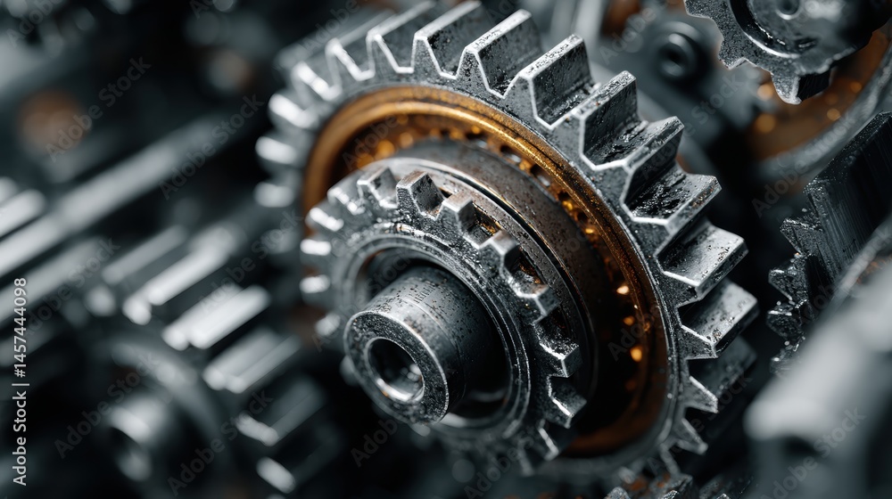 Fototapeta premium Rotating metal gears and interconnected parts of a large engine, symbolizing the heart of mechanical power and innovation