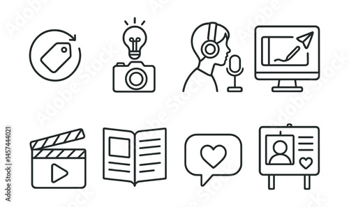 Line style icons of meaningful content creation: create not consume tag, idea + camera combo, teen podcast mic, draw and share panel, storytelling through reels icon, zine or blog icon, respectful