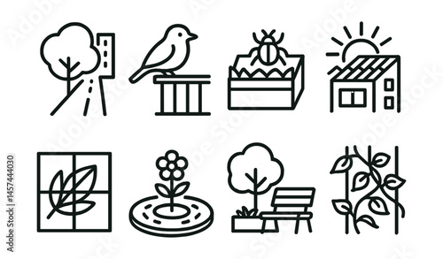 Line style icons of nature in urban life: tree along street icon, bird on balcony rail, insect in planter, sunrise over green roof, leaf shadow window, flower in traffic circle, quiet corner green