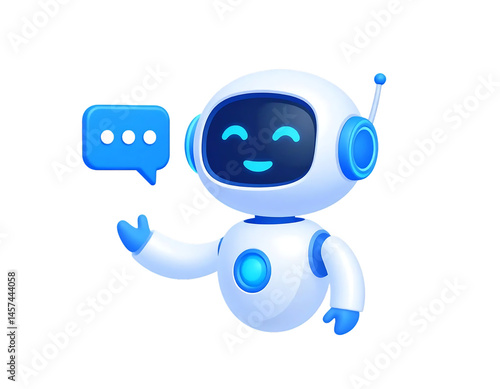 Funny happy robot – 3D GPT chatbot icon, artificial intelligence mascot character. Trendy tech support, computer AI assistant, white background isolated