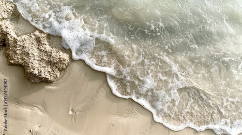 Soft white sand beach with crystal-clear water lapping at the shore, gentle waves leaving intricate patterns in the sand 
