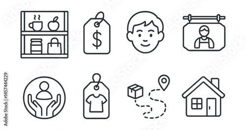 Line style icons of local and fair trade choices: local maker shelf, fair price tag icon, youth-led brand logo, meet your maker sign, artisan support badge, made with dignity tag, product journey map