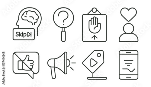 Line style icons of responsible digital consumption: skip ad to protect brain icon, question the algorithm badge, “log out, think in” sign, ethical influencer badge, no-harm comment bubble, promote
