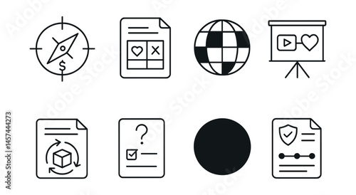 Line style icons of critical consumption literacy: value compass icon, ethical impact sheet, global-local checker, media + values link board, product lifecycle page, self-check question card,