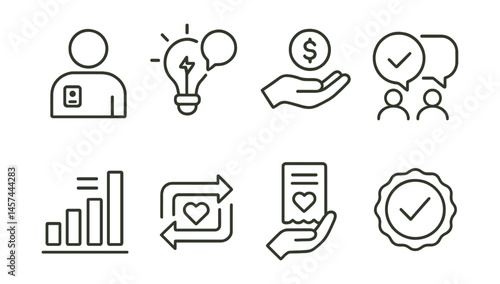 Line style icons of fair creativity and credit: original creator tag, idea source bubble, pay the artist symbol, collab with credit badge, platform fairness chart, repost ethically icon, creator