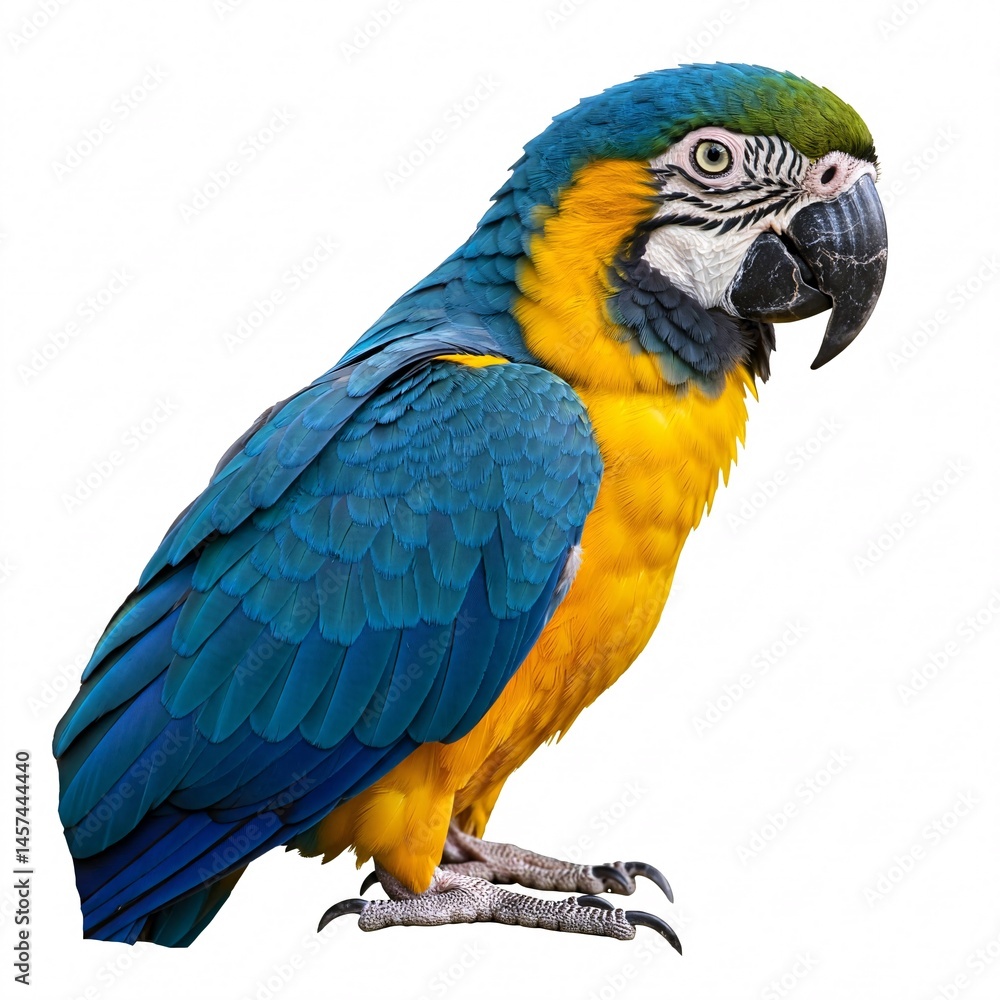 Obraz premium A vibrant blue-and-yellow macaw isolated on a white background. A colorful parrot species native to South America