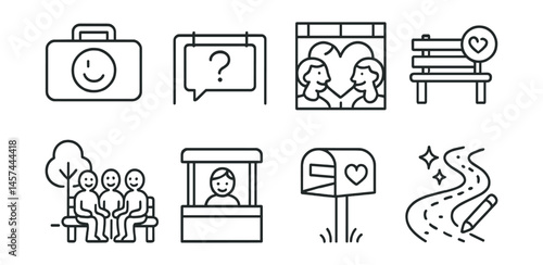 Line style icons of emotional support visibility: emotional first aid kit, “need to talk?” sign, urban mural of connection, talk-to-me bench tag, support group in park icon, peer support station,
