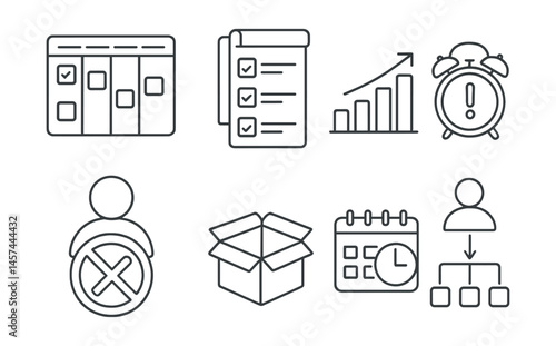 Line style icons of workload management: daily prioritization board, light day checklist, realistic goals chart, overwork alert icon, no multitask badge, leave buffer box, weekly review habit,