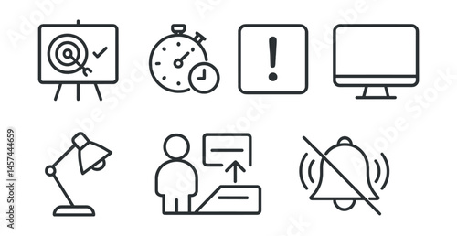 Line style icons of learning with focus: clear goal board, task + timer icon, attention before action frame, one screen window, concentration lamp, check-in + step card, low input task icon,