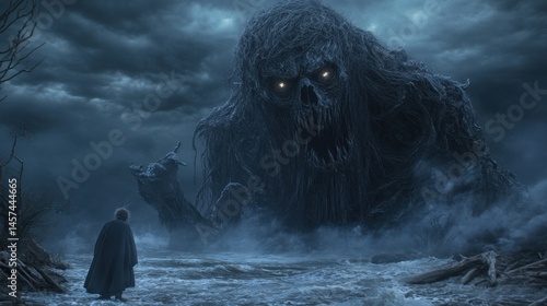 Dark fantasy monster on stormy shore
