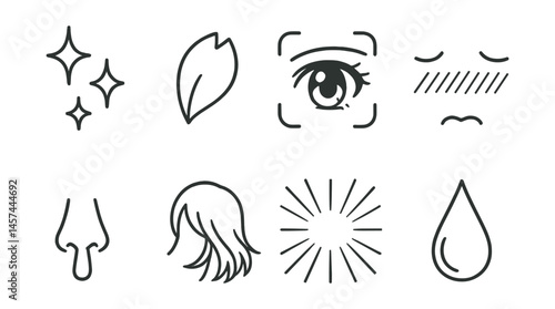 Line style icons of anime visual tropes: sparkle background icon, cherry blossom petal, eye glow frame, blushing face symbol, nosebleed reaction icon, hair flip motion, scream background lines,