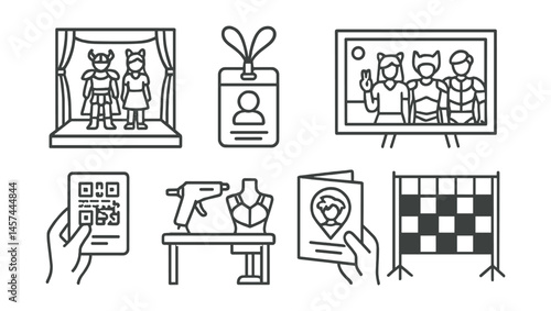 Line style icons of cosplay events and conventions: cosplay contest stage, badge with lanyard, panel schedule board, group photo zone, event pass scan, cosplay repair station, fan meet flyer, hallway