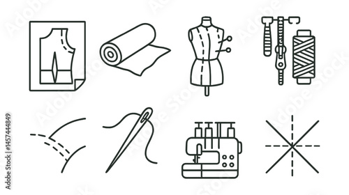 Line style icons of cosplay sewing and fabric: pattern tracing paper, stretch fabric roll, pinned dressform, zipper and thread icon, serger machine sketch, stitching detail view, hand-sewing needle,