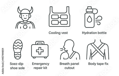 Line style icons of cosplay safety and comfort: fan in costume icon, cooling vest pad, hydration bottle, anti-slip shoe sole, emergency repair kit, breath panel cutout, back support strap, body tape