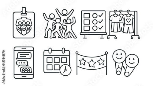 Line style icons of group cosplay dynamics: coordinated outfit badge, squad pose icon, role assignment board, shared costume rack, group chat icon, con meet schedule, joint theme banner, friendship