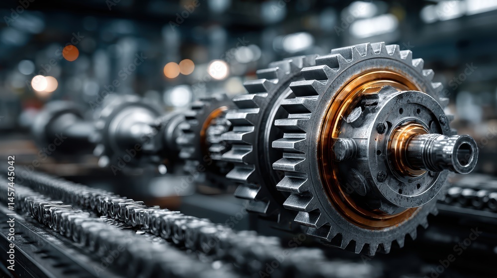 Mechanical equipment with rotating metal gears and steel parts, demonstrating the energy behind a powerful industrial motor Mechanical equipment with rotating metal gears and steel parts, demonstrating the energy behind a powerful industrial motor