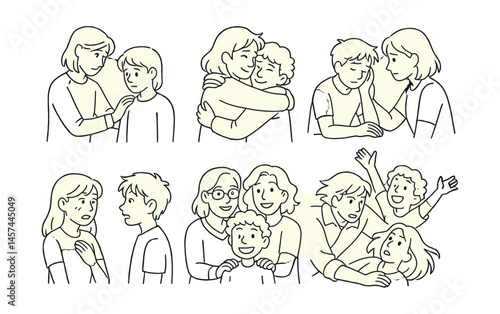 Line style icons of fan art emotional themes: comforting scene sketch, reunion hug redraw, hurt/comfort panel, first meet blush, tearful goodbye moment, found family board, joyful reimagining tag,