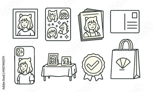 Line style icons of fan art in print and merch: mini print preview, sticker sheet layout, artbook zine stack, postcard back design, phone case mockup, con table setup, signed copy badge, merch bag