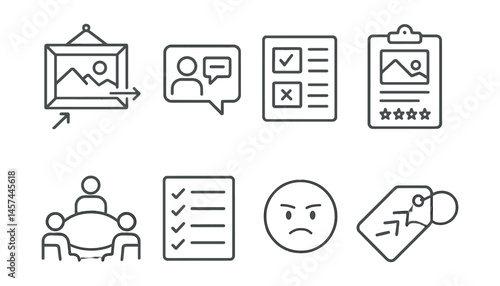 Line style icons of painting critique and feedback: framed painting with arrow notes, peer comment card, strengths and areas list, gallery feedback form, critique circle table, self-review checklist,