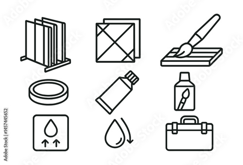 Line style icons of painting storage and care: vertical rack system, protective wrap sheet, clean brush drying tray, paint lid seal, air-tight tube, brush cleaner bottle, humidity control icon, art